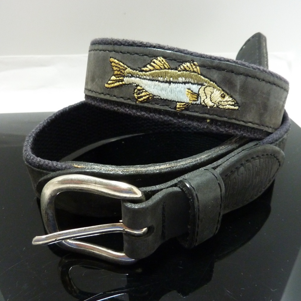 Zeppelin Belt Mens 32 BLUE  Leather Canvas Brass Buckle Trout Fish Made USA